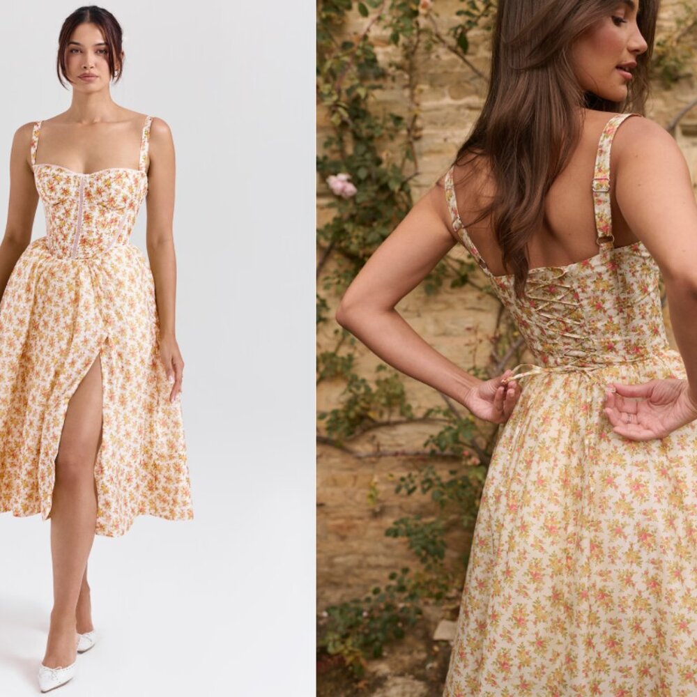 House of CB 'Kelly' Royal Rose Print Corset Midi Sundress - Picture 4 of 10